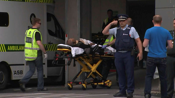 An image grab from TV New Zealand taken on March 15, 2019 shows a victim arriving at a hospital following the mosque shooting in Christchurch. — AFP