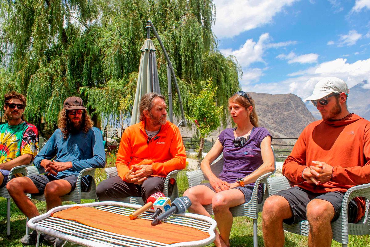Marina Eva (2R), mountaineering partner of German Olympic biathlon champion Laura Dahlmeier, speaks during a press conference along with the rescue team members in Skardu in Pakistan’s mountainous Gilgit-Baltistan region on July 31, 2025. - AFPPix