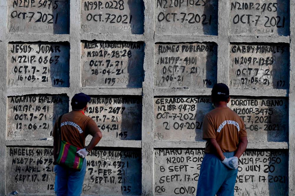 Prison inmates look at tombs during a mass burial of 70 unclaimed bodies of prisoners at New Bilibid Prison Cemetery in Muntinlupa, metro Manila on December 2, 2022/AFPix