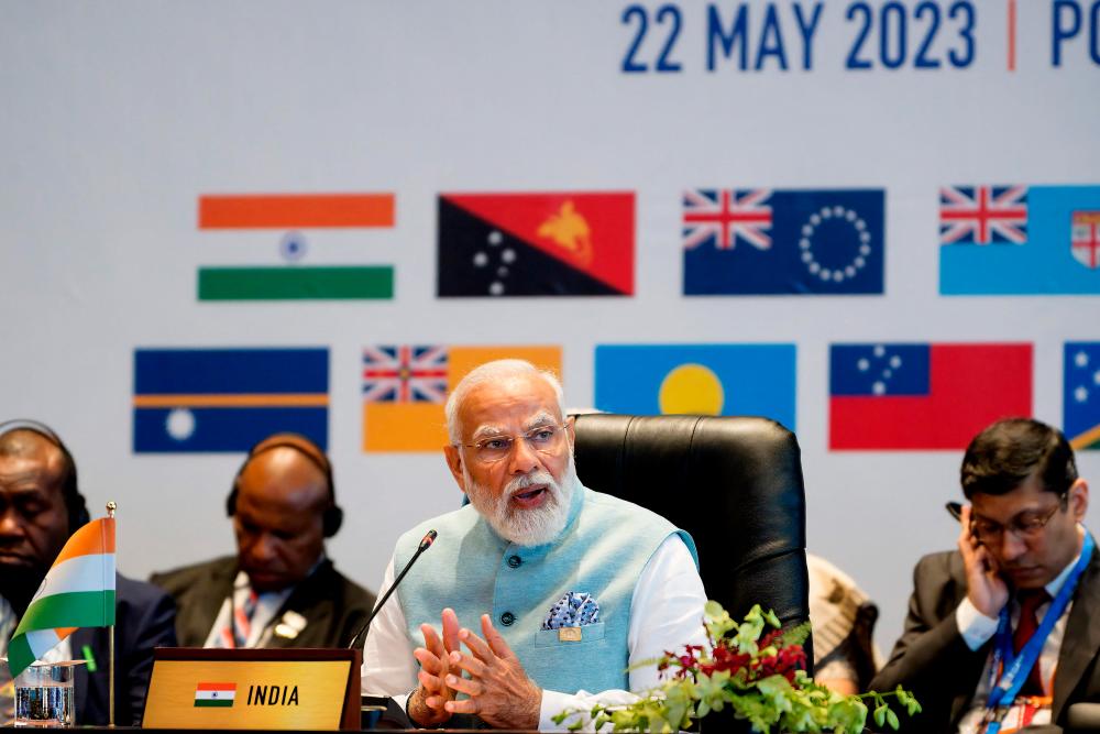 May 22, 2023 - India’s Prime Minister Narendra Modi speaking at the Forum for India-Pacific Islands Cooperation at APEC Haus in Port Moresby. AFPPIX