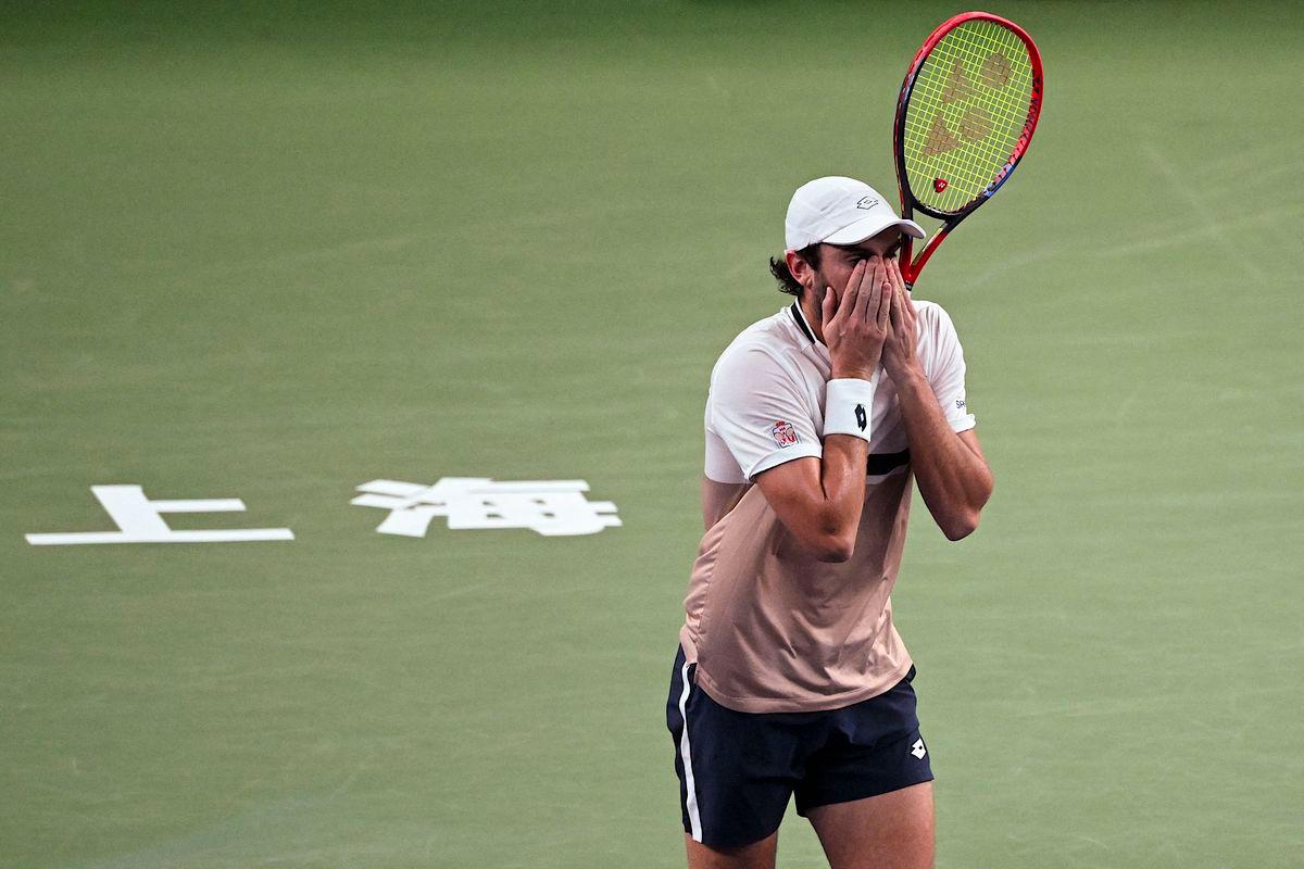 Monaco's Valentin Vacherot celebrates his victory against France’s Arthur Rinderknech during the men’s singles final at the Shanghai Masters tennis tournament in Shanghai on October 12, 2025. - AFPPIX