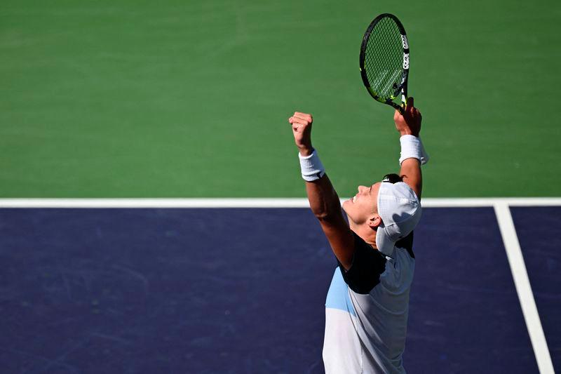 Denmark's Holger Rune celebrates defeating Russia's Daniil Medvedev during the men’s singles semi-final tennis match at the BNP Paribas Open at the Indian Wells Tennis Garden in Indian Wells, California, on March 15, 2025. - AFPPIX