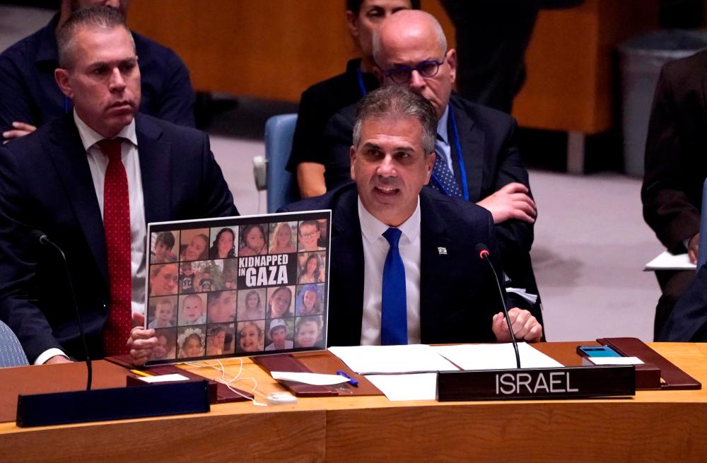 Israeli Foreign Minister Eli Cohen speaks during a United Nations (UN) Security Council meeting on the conflict in Middle East at the UN headquarters in New York City on October 24, 2023. AFPPIX