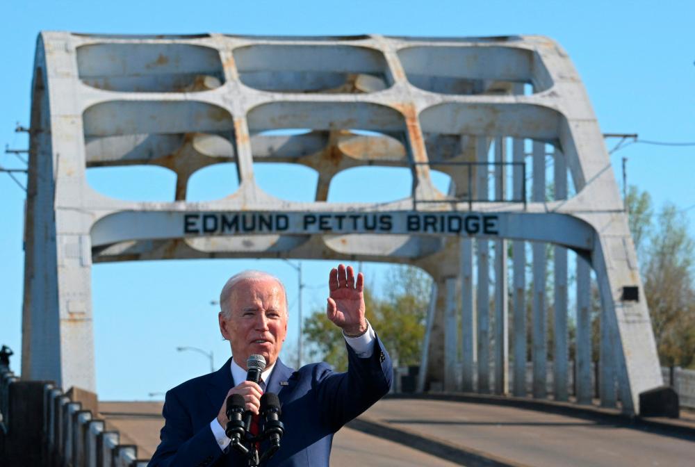 US President Joe Biden delivers remarks to mark the 58th anniversary of Bloody Sunday, at the Edmund Pettus Bridge in Selma, Alabama, on March 5, 2023. AFPPIX