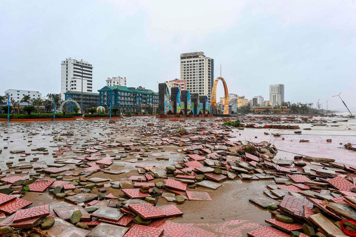 A view of Cua Lo beach damaged after typhoon Bualoi made a landfall in Nghe An province on September 29, 2025. Vietnam said it evacuated almost 30,000 residents from coastal areas on September 28, as Typhoon Bualoi hit the country’s steel-producing central belt. (Photo by Thai An / AFP)