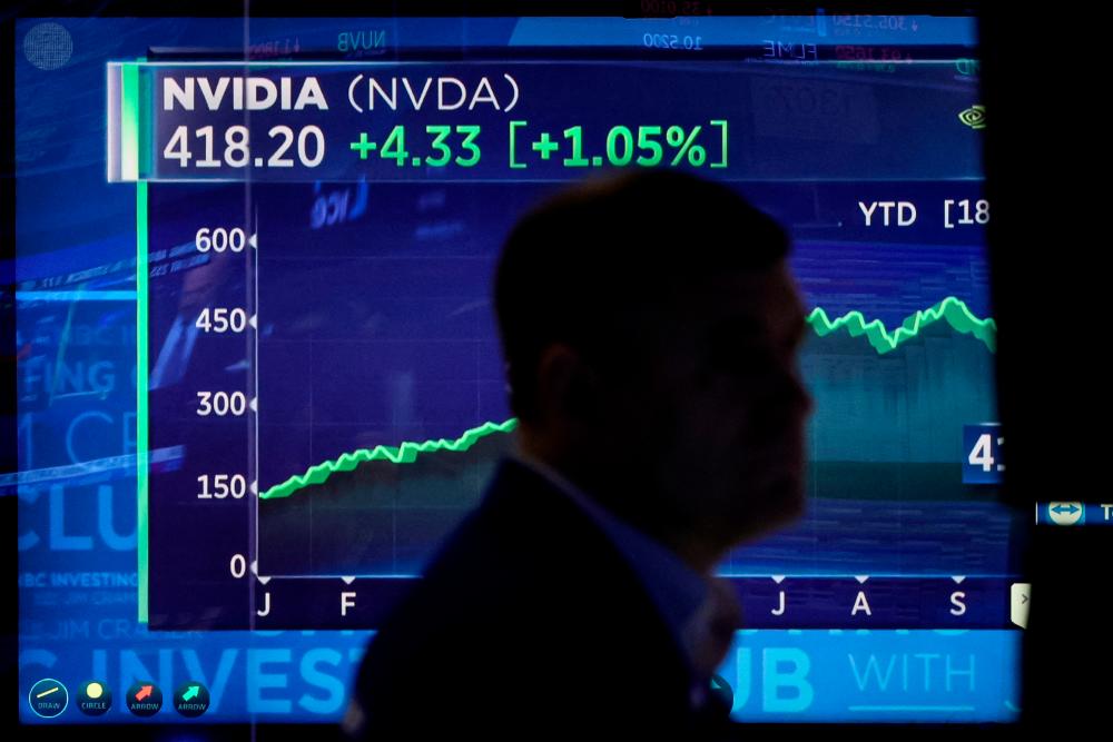 A screen tracks Nvidia Corp as a trader works on the floor at the New York Stock Exchange on Monday. – Reuterspic