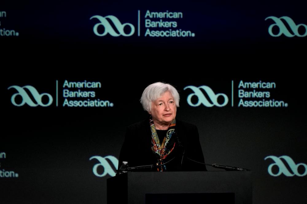 Yellen speaking at the American Bankers Association summit in Washington on Tuesday, March 21, 2023. – AFPpic