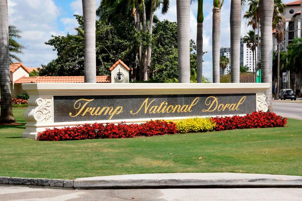 This file photo taken on April 03, 2018 shows Trump National Doral sign of the golf resort owned by US President Donald Trump's company in Miami, Florida on April 3, 2018. - AFP