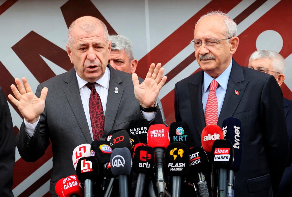 Leader of the Republican People’s Party (CHP) and the presidential candidate Kemal Kilicdaroglu (C/R) and Leader of Victory Party Umit Ozdag (C/L) hold a joint press conference after their meeting at Headquarters of Victory Party in Ankara, on May 24, 2023. AFPPIX