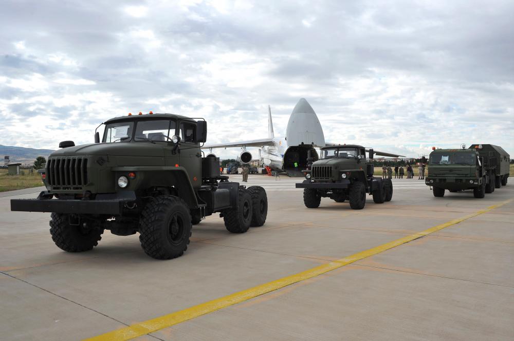 A handout photograph taken and released on July 12, 2019, by the Turkish Defence Ministry shows a Russian military cargo plane carrying S-400 missile defence system from Russia to the Murted military airbase (also known as Akincilar millitary airbase), in Ankara. - AFP