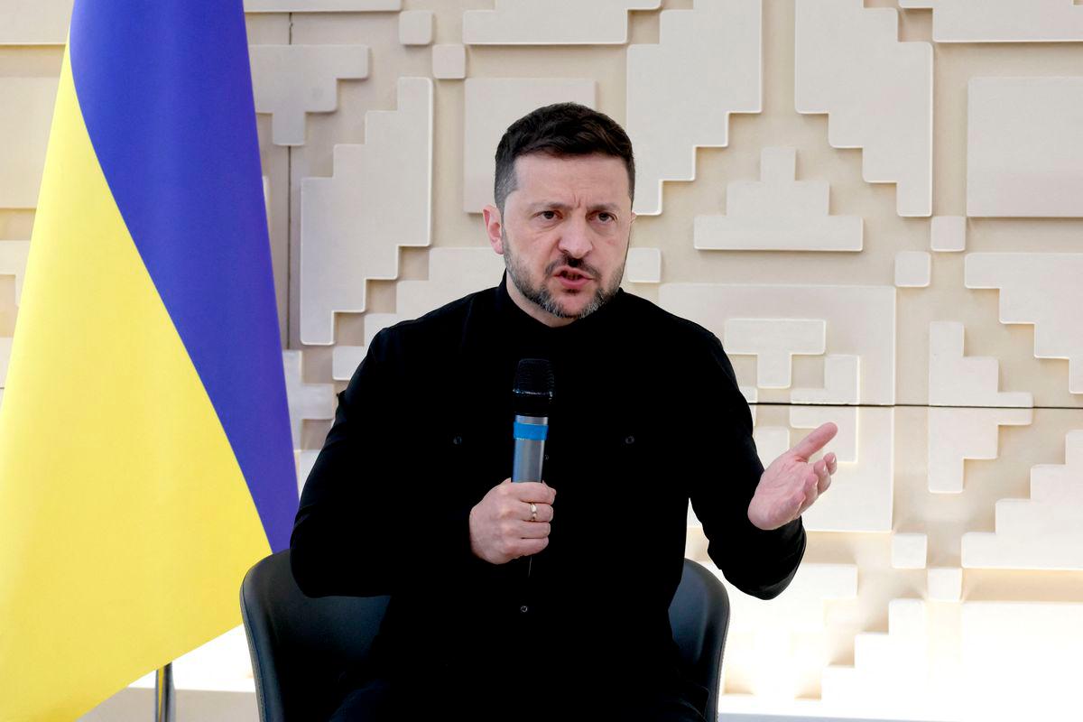 Ukrainian President Volodymyr Zelensky speaks during a press conference at the Ukranian Embassy, in Ankara on May 15, 2025. AFPpix