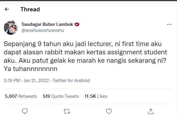 A screenshot of the teacher’s tweet. – SAUDAGAR BUBUR LAMBUK $!A screenshot of the teacher’s tweet. – SAUDAGAR BUBUR LAMBUK