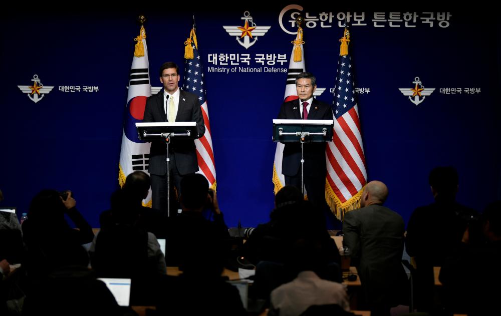 US Defense Secretary Mark Esper and South Korean Defence Minister Jeong Kyeong-doo hold a joint news conference after the 51st Security Consultative Meeting (SCM) at the Defence Ministry in Seoul, South Korea November 15, 2019. - Reuters