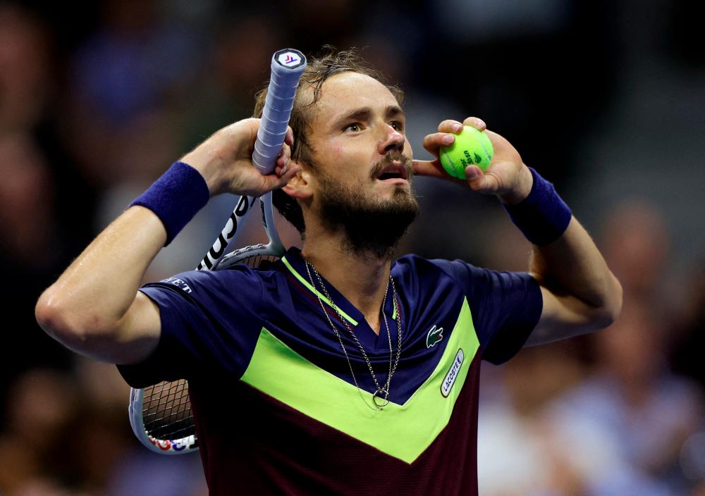 Tennis - US Open - Flushing Meadows, New York, United States - September 8, 2023Russia's Daniil Medvedev celebrates after winning his semi final match against Spain's Carlos Alcaraz REUTERSPIX