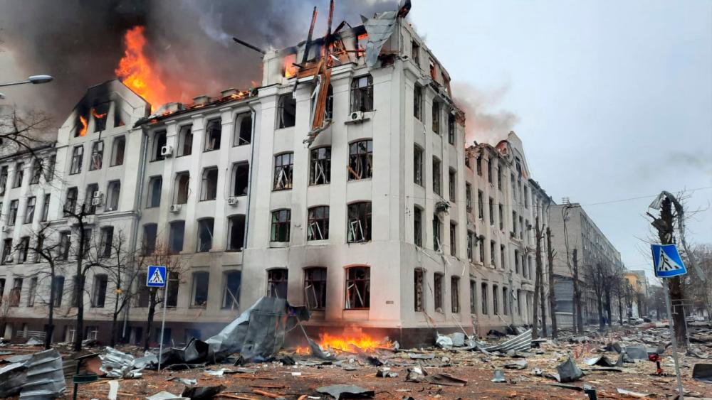 This handout picture released by the State Emergency Service of Ukraine, shows firefighters extinguishing a fire in the Kharkiv regional police department building, which is said was hit by recent shelling, in Kharkiv on March 2, 2022. Ukraine Emergency Ministry press service/handout/ AFPpix