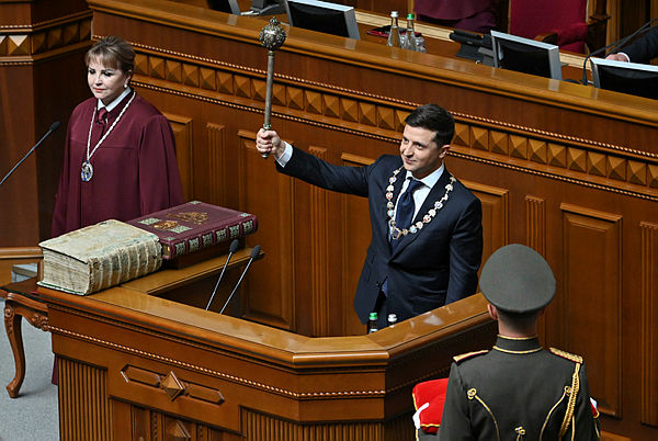 Ukraine’s President Volodymyr Zelensky holds Bulava, the Ukrainian symbol of power, during his inauguration ceremony at the parliament in Kiev on May 20, 2019. - AFP