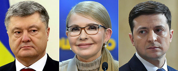 This combination of pictures created on March 27, 2019 in Paris shows (L-R) Ukrainian President Petro Poroshenko attending a joint press conference with his Lithuanian counterpart following their meeting in Vilnius; presidential candidate and former Ukrainian Prime Minister Yulia Tymoshenko attending a press conference in Kiev; Ukrainian comic actor, showman and presidential candidate Volodymyr Zelensky taking part in the shooting of the television series “Servant of the People” where he plays the role of the President of Ukraine in Kiev. — AFP