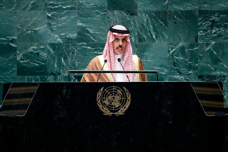 Saudi Arabian Minister for Foreign Affairs Prince Faisal bin Farhan Al-Saud speaks during the 79th Session of the United Nations General Assembly at the United Nations headquarters in New York City on September 28, 2024. - Leonardo Munoz / AFP