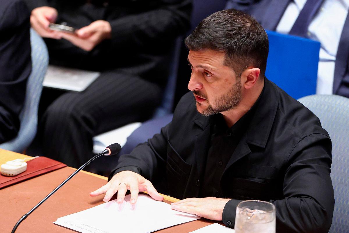 Ukraine's President Volodymyr Zelensky attends a United Nations Security Council minesterial meeting on Ukraine at UN headquarters in New York on September 23, 2025. - Charly Triballeau/Pool/AFPPIX