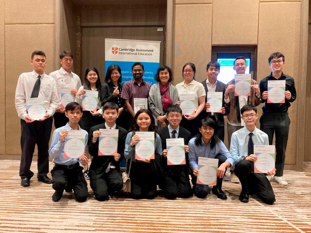Winners of the 2023 Outstanding Cambridge Learner Awards with Ruth Cheah, Director of the Sunway College Cambridge A-Level Programme at the Awards Ceremony