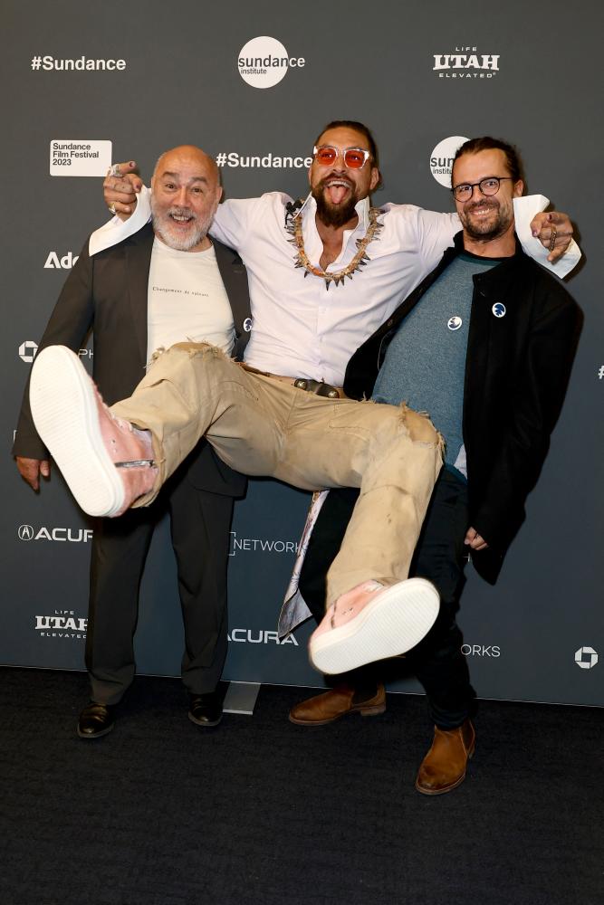 Sandor Mulsow, Jason Momoa, and Director Matthieu Rytz attend the 2023 Sundance Film Festival “Deep Rising” Premiere at The Ray Theatre on January 20, 2023 in Park City, Utah/AFPPix