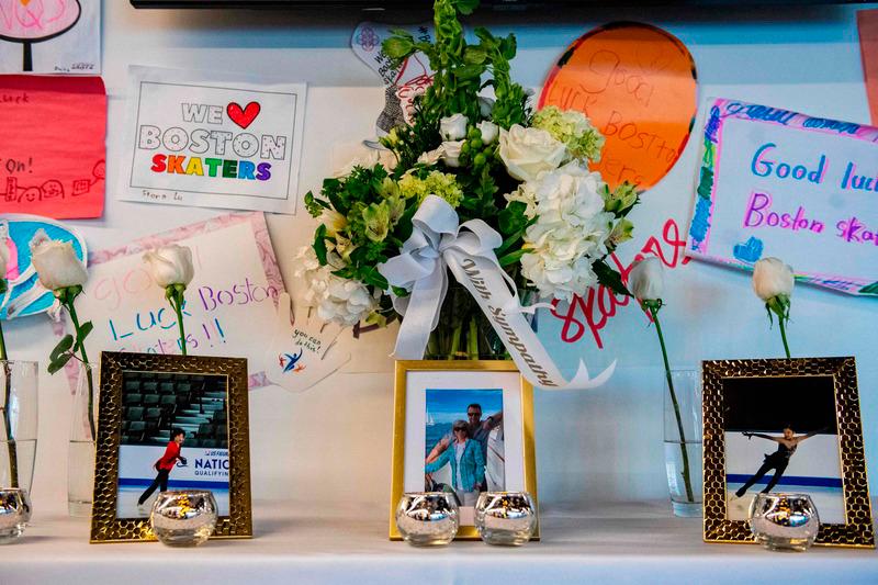 Sympathy flowers sit on a table alongside photos of people lost on American Airlines flight 5342 at the Skating Club of Boston in memory of the six Boston area skaters and their family members and coaches, in Norwood, Massachusetts on January 30, 2025. Pix by Joseph Prezioso / AFP