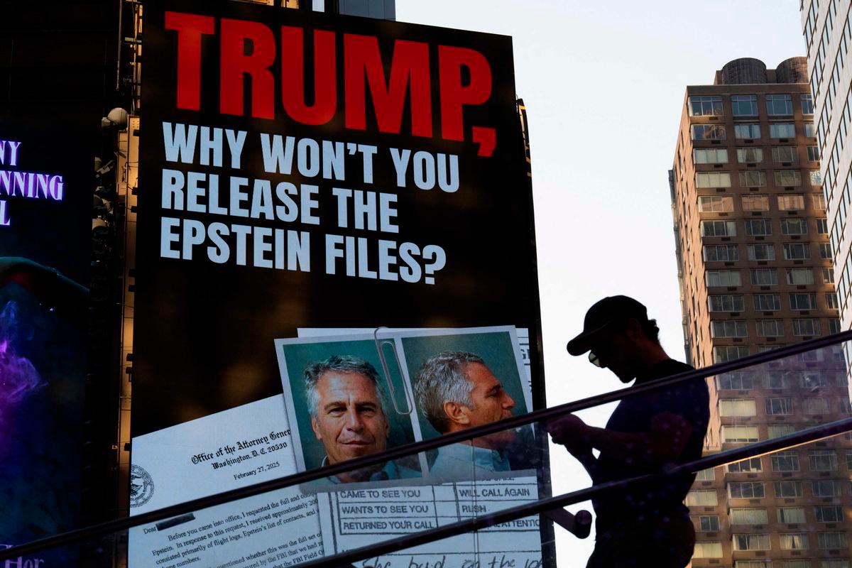 A billboard in Times Square calls for the release of the Epstein files on July 23, 2025 in New York City. - Photo by Adam Gray / GETTY IMAGES NORTH AMERICA / AFP