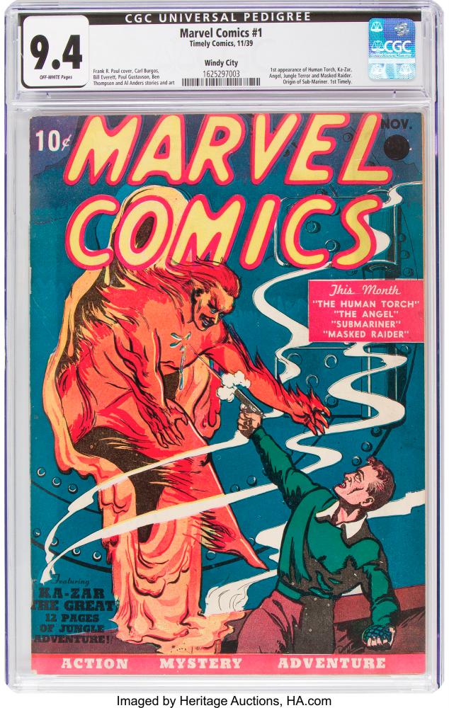 This image courtesy of Heritage Auctions shows a copy of Marvel Comics No. 1, the 1939 comic book considered the ‘Big Bang’ of the Marvel Comics Superhero Universe. The comic book sold for $1,260,000 on November, 21, 2019, at a public auction of vintage comic books and comic art held by Heritage Auctions in Dallas, Texas. - RESTRICTED TO EDITORIAL USE - MANDATORY CREDIT “AFP PHOTO / Heritage Auctions” -