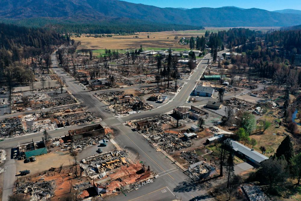 In an aerial view, the remains of homes and businesses destroyed by the Dixie Fire are visible on September 24, 2021 in Greenville, California. AFPpix