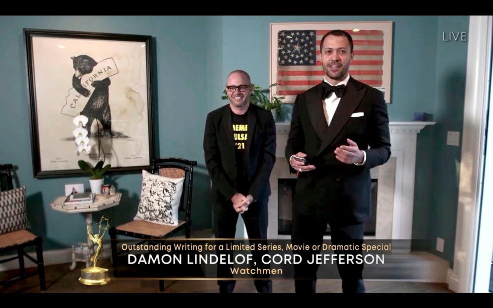 This handout picture released courtesy of American Broadcasting Companies, Inc. / ABC shows Damon Lindelof and Cord Jefferson after receiving the Emmy for Watchmen during the 72nd Primetime Emmy Awards ceremony held virtually on September 20, 2020. -AFP PHOTO / Image Group LA / American Broadcasting Companies, Inc. / ABC