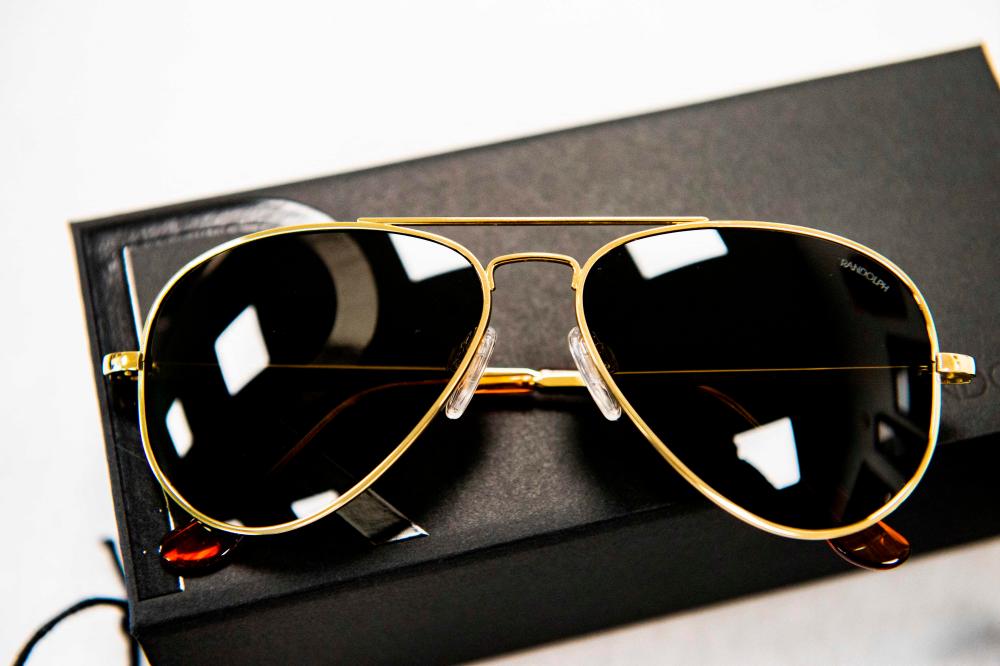 A pair of Randolph Aviator Sunglasses, in the Concord style, are shown at Randolph Engineering in Randolph, Massachusetts on June 17, 2021. – AFP