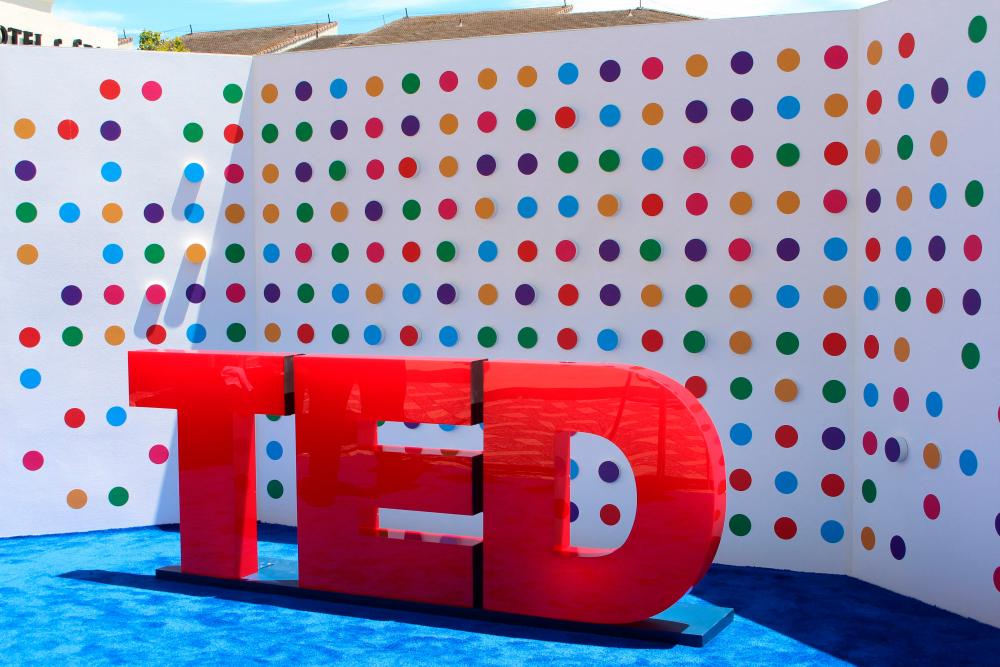 A sign for the scaled-down TED conference is seen during the in-person event in Monterey, California, August 2, 2021 despite Covid-19 risks. -AFP