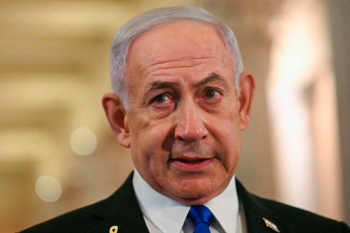 Israeli Prime Minister Benjamin Netanyahu speaks to the press after meeting with US Speaker of the House Mike Johnson at the US Capitol in Washington, DC, on July 8, 2025. (Photo by Jim WATSON / AFP)