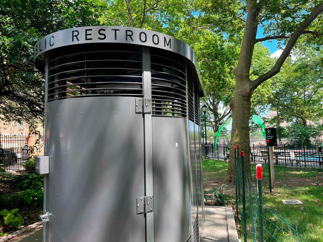 View of a “Portland Loo” in the Bronx’s Joyce Kilmer park, two blocks from Yankee Stadium baseball park, in New York on August 1, 2025 - AFPPix