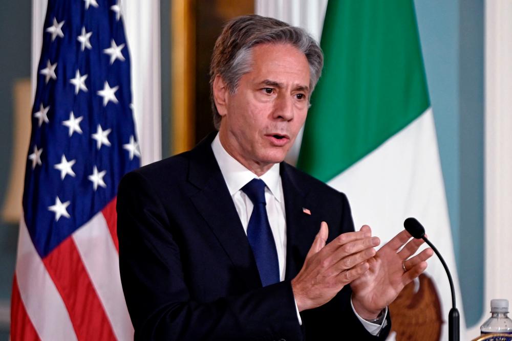 US Secretary of State Antony Blinken speaks to the press alongside Mexican Foreign Secretary Alicia Barcena (out of frame) in the Treaty Room at the US Department of State in Washington, DC, on August 10, 2023. AFPPIX