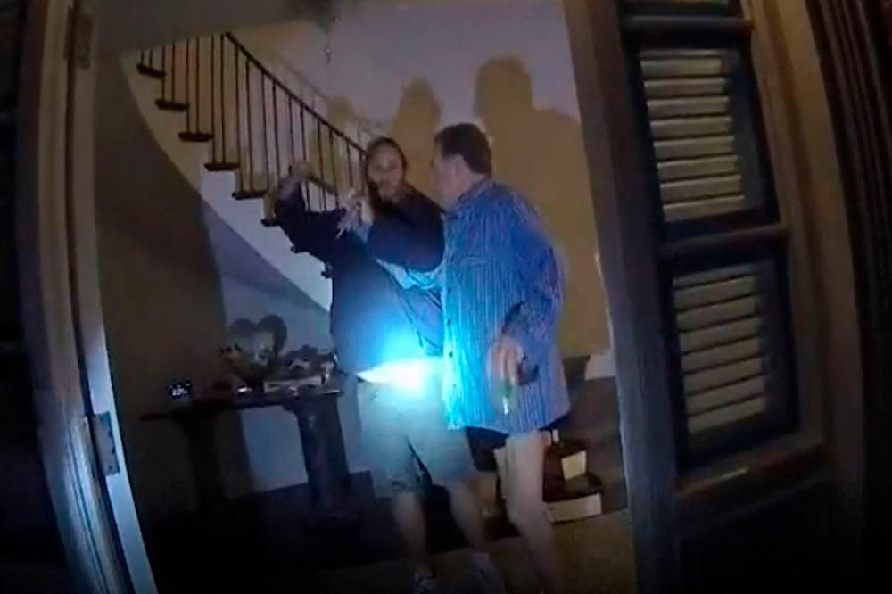 This still image from a San Francisco Police Department police body-cam video ordered released by San Francisco Superior Court, shows suspect David DePape (L) assaulting Paul Pelosi, husband of former Speaker of the House Nancy Pelosi, at their San Francisco home on October 28, 2022. AFPPIX