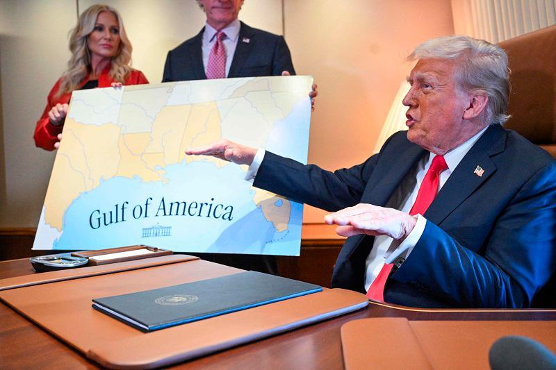 US President Donald Trump speaks to the press before signing a proclamation renaming the Gulf of Mexico as the Gulf of America aboard Air Force One, as it flies over the Gulf enroute to New Orleans, Louisiana on Febrary 09, 2025. For years, as disputes over names on the map riled up nationalist passions in several parts of the world, US policymakers have watched warily, trying to stay out or to quietly encourage peace. Suddenly, the United States has gone from a reluctant arbiter to a nomenclature belligerent, as President Donald Trump declared that the Gulf of Mexico will henceforth be called the “Gulf of America.” In an executive order signed hours after he returned to the White House, Trump called the water body an “indelible part of America” critical to US oil production and fishing and “a favorite destination for American tourism and recreation activities.” - ROBERTO SCHMIDT / AFP