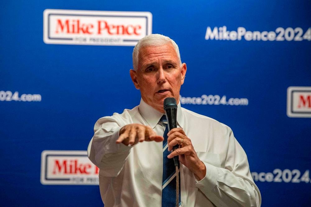 US Presidential hopeful and former Vice President Mike Pence speaks at a campaign event at American Legion Hall Post 27 in Londonderry, New Hampshire, on August 4, 2023. AFPPIX