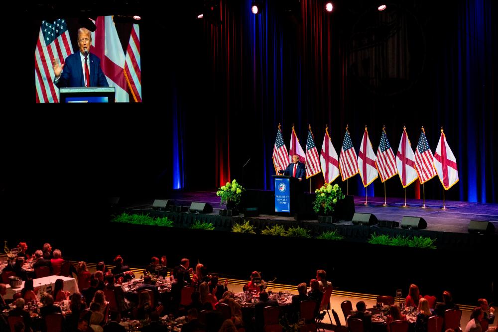 Former US President and 2024 hopeful Donald Trump speaks during the Alabama Republican Party’s summer dinner in Montgomery, Alabama, on August 4, 2023/AFPPix
