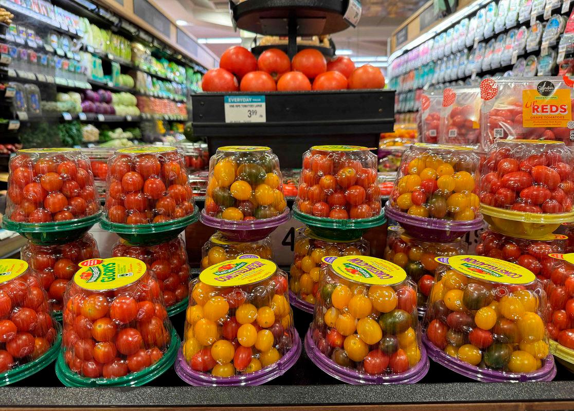 Tomatoes from Mexico are displayed on a grocery store shelf on July 14, 2025 in San Anselmo, California - Justin Sullivan/Getty Images/AFPPix