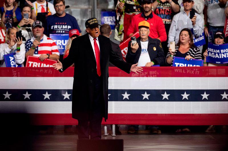 Republican presidential nominee, former U.S. President Donald Trump speaks at a rally inside the Atrium Health Amphitheater on November 03, 2024 in Macon, Georgia. With only two days until the election, Trump is campaigning for re-election on Sunday in the battleground states of Pennsylvania, North Carolina and Georgia. - John Moore/Getty Images/AFPpix