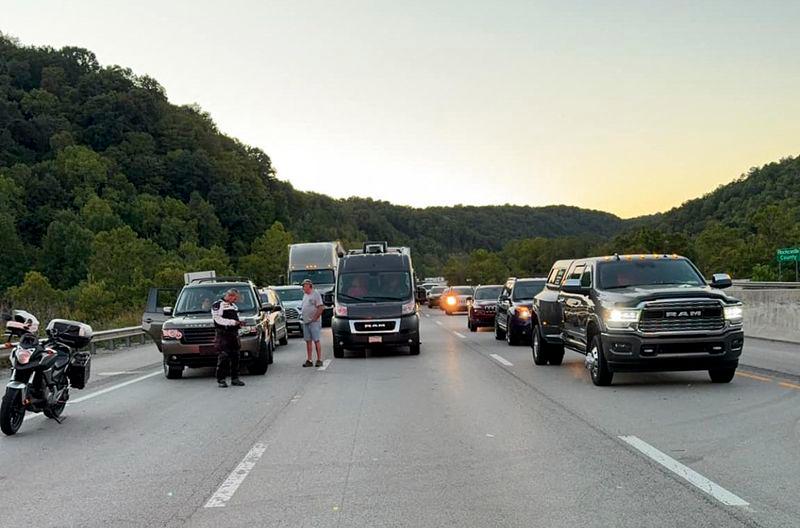 This handout image taken and released by the Mount Vernon Fire Department on September 7, 2024 shows traffic stopped on Interstate 75 during an active shooter incident near London, Kentucky. - AFPPIX