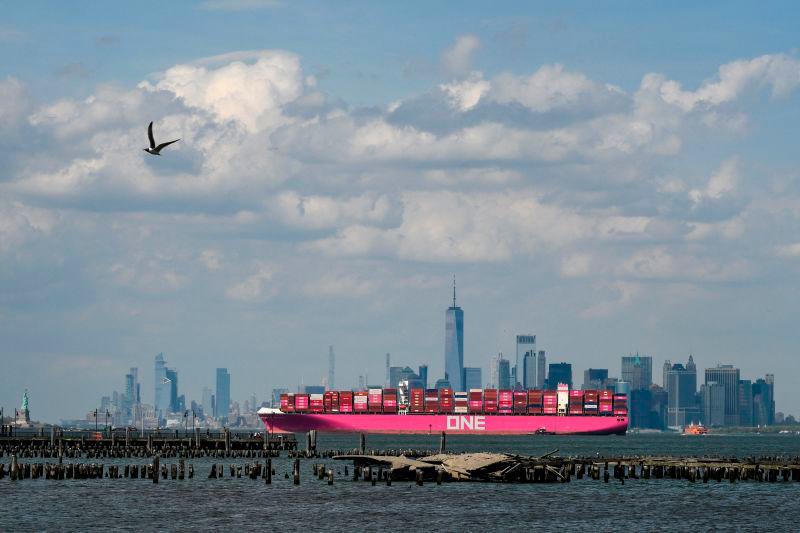 An Ocean Network Express (ONE) container ship sails Manhattan’s skyline as it leaves New York harbor on May 3, 2025 in New York City. AFPpix