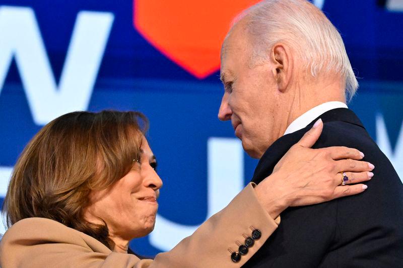 US President Joe Biden and US Vice President and 2024 Democratic presidential candidate Kamala Harris hug on stage after his farewell convention speech on the first day of the Democratic National Convention (DNC) at the United Center in Chicago - AFPpix