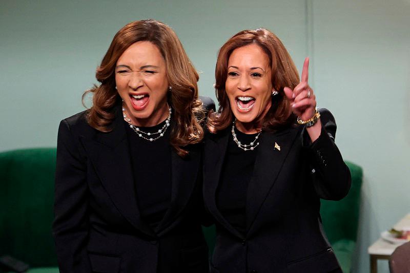 US Vice President and Democratic presidential candidate Kamala Harris (R) and US actress Maya Rudolph participate in “Saturday Night Live” (SNL) live late-night sketch comedy show at NBC studios in New York City on November 2, 2024. - CHARLY TRIBALLEAU / AFPpix