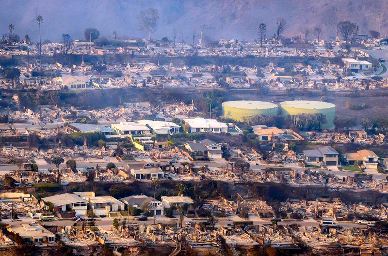 In this aerial view taken from a helicopter, burned homes are seen from above during the Palisades fire in Los Angeles county, California on January 9, 2025. AFPpix