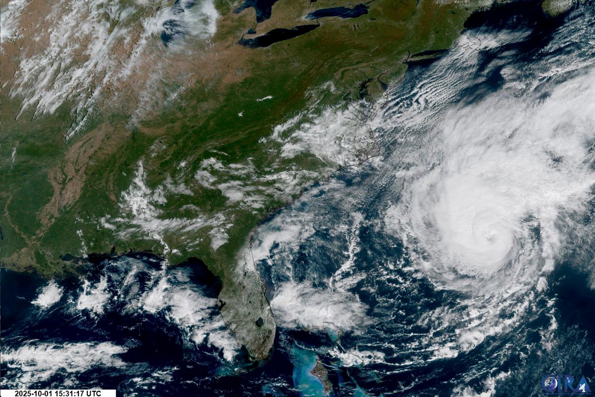 This satellite image provided by the National Oceanic and Atmospheric Administration (NOAA) shows Hurricane Imelda looming of the US South East Coast on October 1, 2025. - AFP PHOTO / NOAA