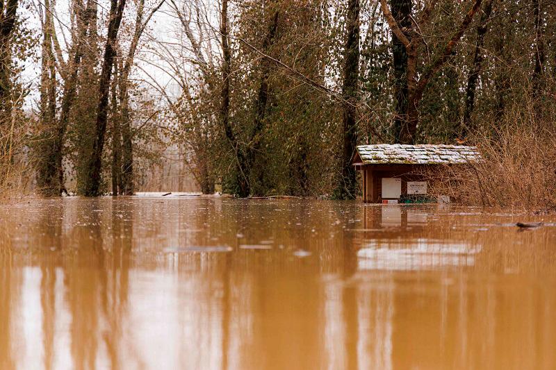 The Barren River floods at the entrance to Weldon Peete Park after a rain storm on February 16, 2025 in Bowling Green, Kentucky. Severe winter storms brought torrential rains causing intense flooding in Kentucky and parts of Florida and Georgia. - Brett Carlsen/Getty Images/AFP