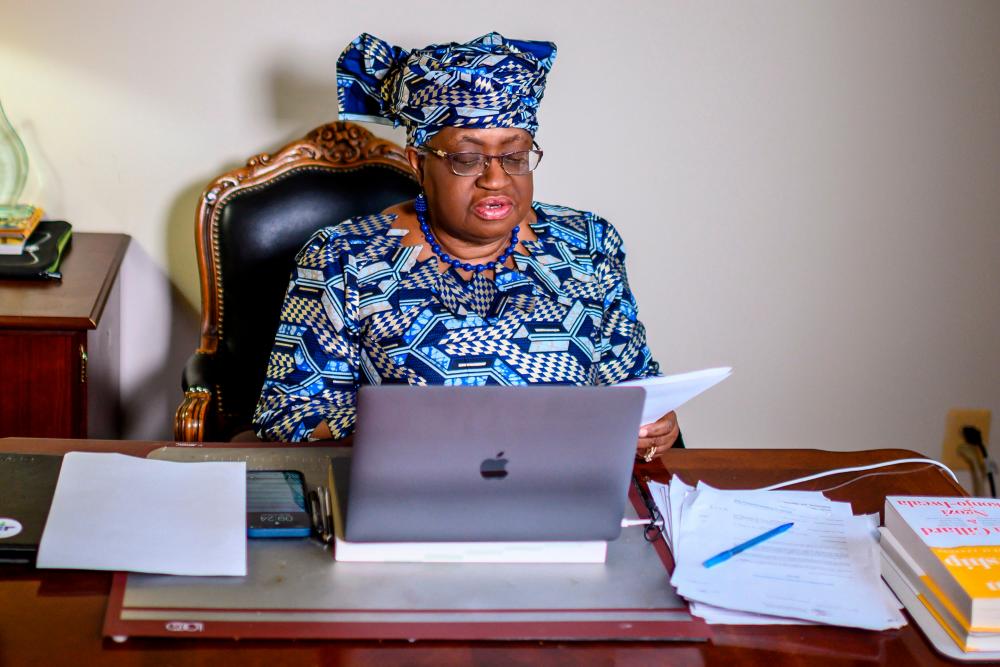 Okonjo-Iweala giving her acceptance speech at her home in Potomac, Maryland, near Washington DC, after she was confirmed as leader of the beleaguered World Trade Organization on Monday. – AFPPIX