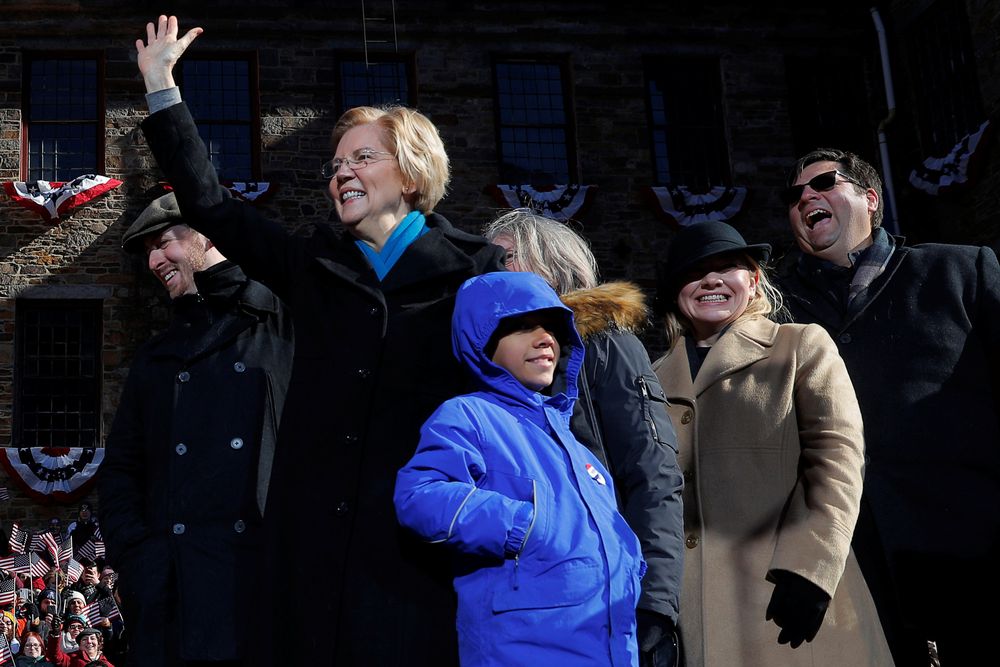 US Senator Elizabeth Warren (D-MA) is joined onstage by her family at a rally to launch her campaign for the 2020 Democratic presidential nomination in Lawrence, Massachusetts, US, on Feb 9, 2019. — Reuters